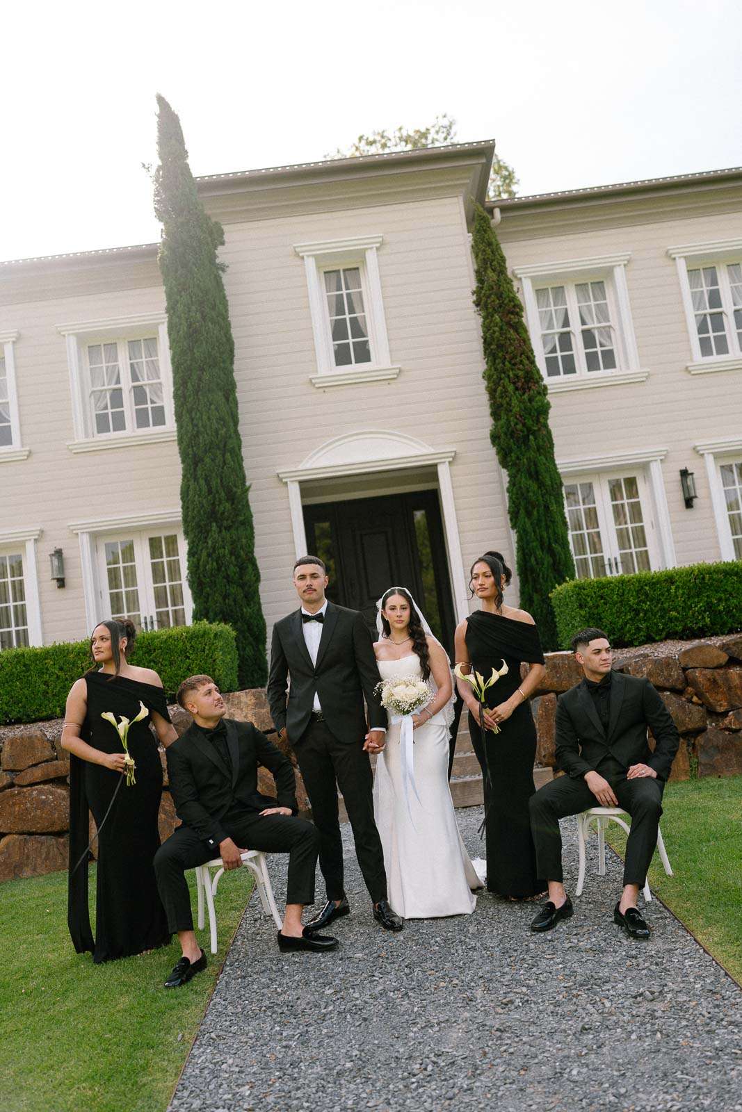 The bridal party getting editorial group photos at Wynmere Estate