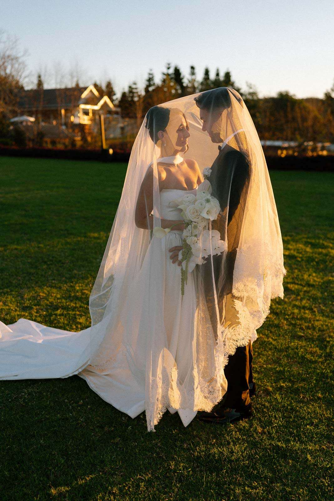 Bride and groom portrait under veil during golden hour