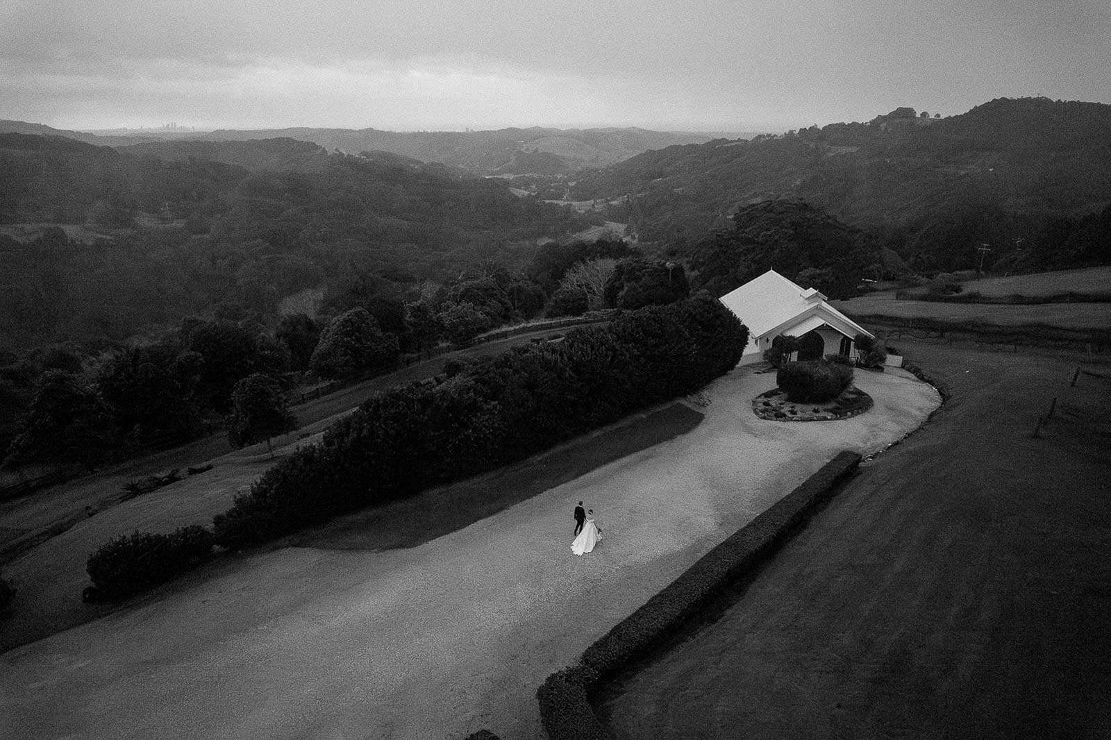 Elegant drone photo of a couple during a wedding day at Summergrove Estate